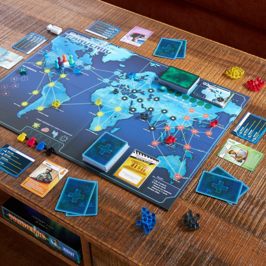 A top-down view of the Pandemic board set up with disease cubes, cards, and player pawns in various cities.