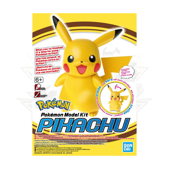 Pikachu Bandai model kit box featuring Pokémon character toy with moveable ears and tail.