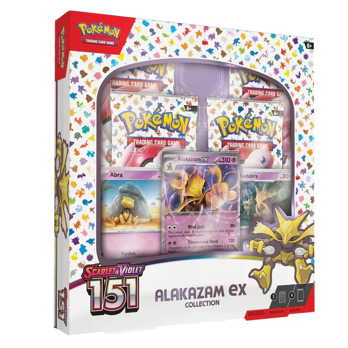 Pokemon Scarlet & Violet 151 Alakazam EX collection box with booster packs and promo cards