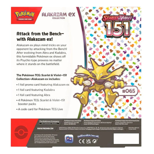 Pokémon Scarlet & Violet 151 Alakazam EX TCG box back with Alakazam illustration and product details.