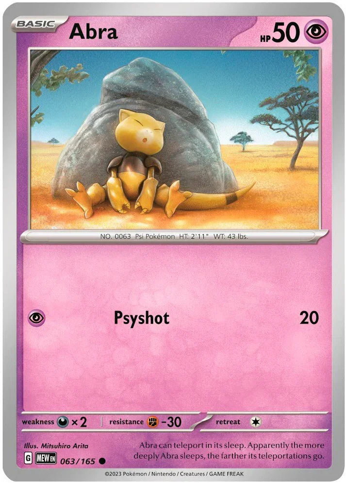 Abra trading card from Pokémon TCG featuring Abra sleeping by a rock in a grassy savanna.