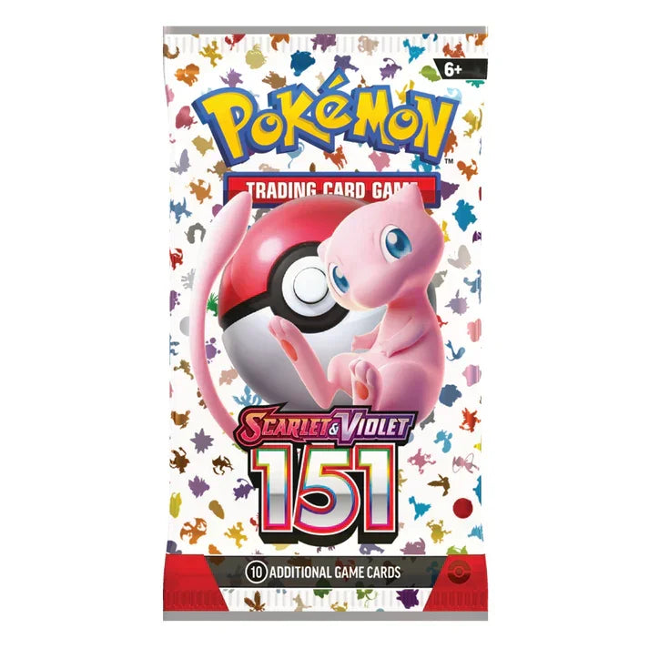 Pokemon Scarlet & Violet 151 booster pack with Mew and Pokeball on colorful background