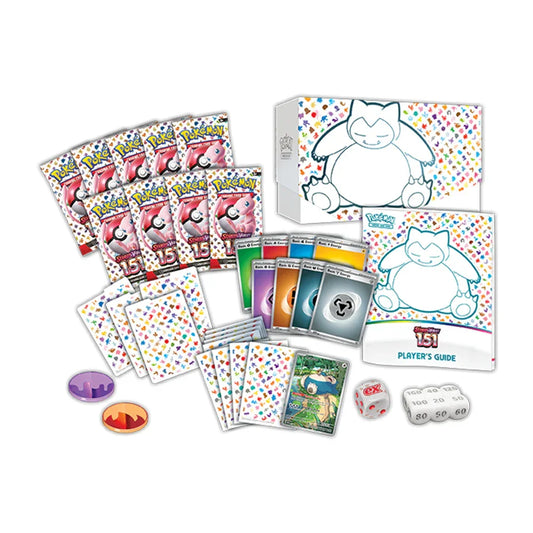 Pokemon Scarlet and Violet 151 Elite Trainer Box with booster packs, cards, Snorlax art, and accessories.
