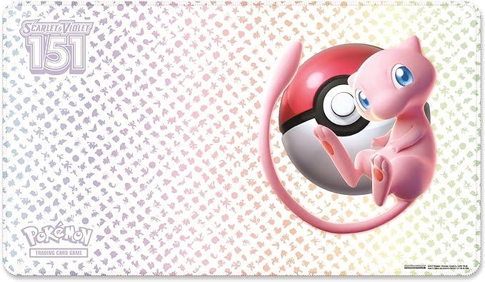 Pokemon Scarlet & Violet 151 TCG playmat featuring Mew and Pokeball with pastel patterns