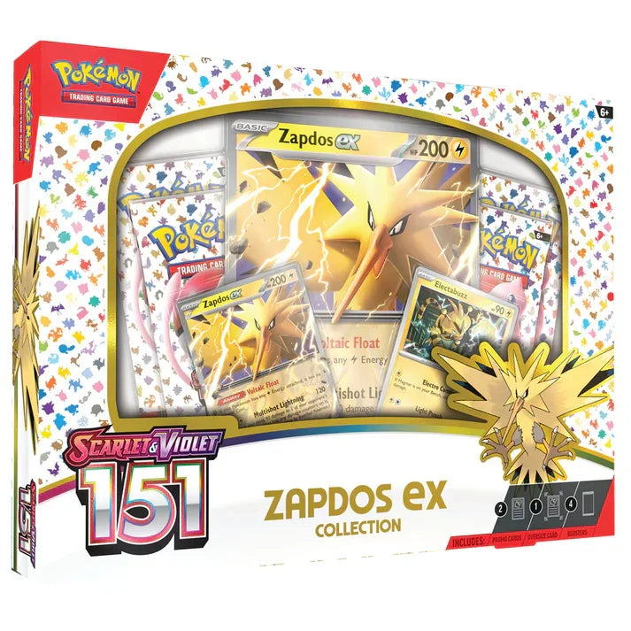 Pokemon Scarlet & Violet 151 Zapdos ex Collection box featuring Zapdos and booster packs
