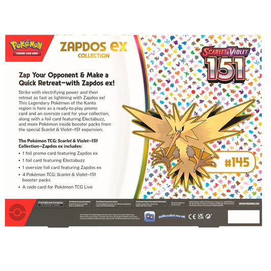 Pokemon Scarlet & Violet 151 Zapdos ex TCG box featuring Zapdos artwork and card details