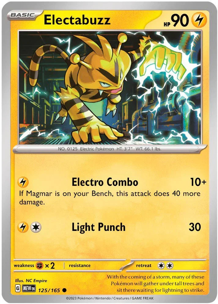 Electabuzz Pokémon TCG card with yellow electric design, 90 HP, attack details visible.