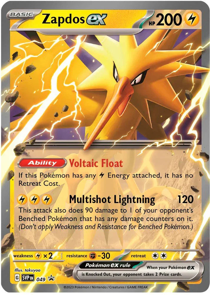 Pokemon TCG Zapdos EX card with lightning effects and attack details displayed