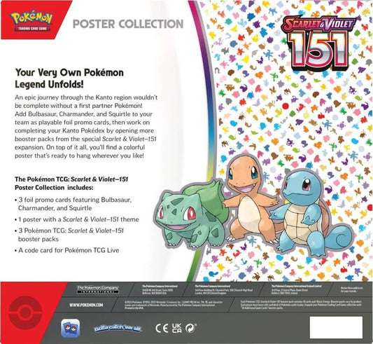 Pokémon Scarlet & Violet 151 poster collection box with Bulbasaur, Charmander, and Squirtle artwork