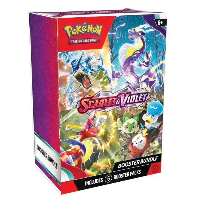 Pokemon Scarlet & Violet TCG booster bundle box with six packs, featuring colorful Pokemon artwork.