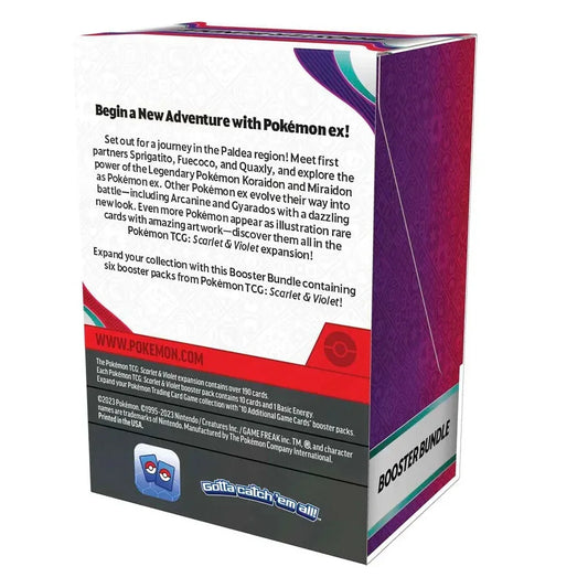 Pokemon Scarlet and Violet TCG booster bundle box with product details on back.