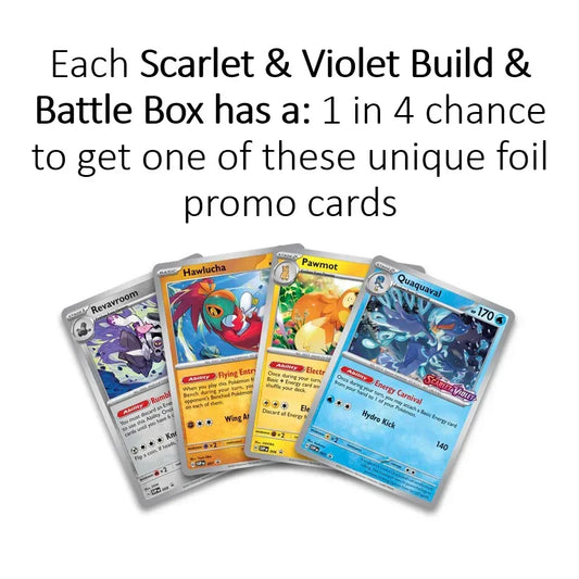 Four Pokemon Scarlet & Violet Build & Battle foil promo cards spread out, featuring Revavroom, Hawlucha, Pawmot, and Quaquaval, with promotional text above highlighting a 1 in 4 chance to get one in a box.