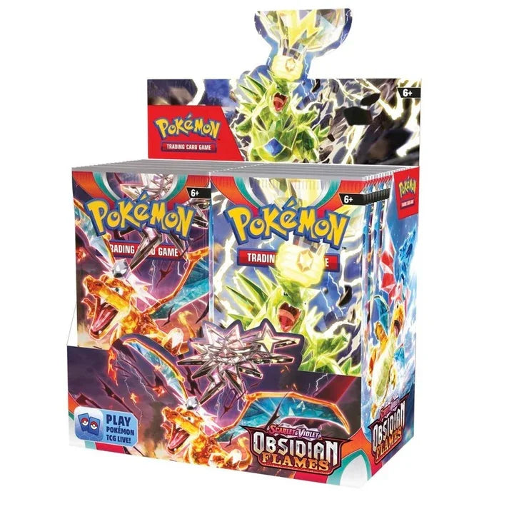 Pokemon Scarlet & Violet Obsidian Flames booster box featuring vibrant trading card artwork