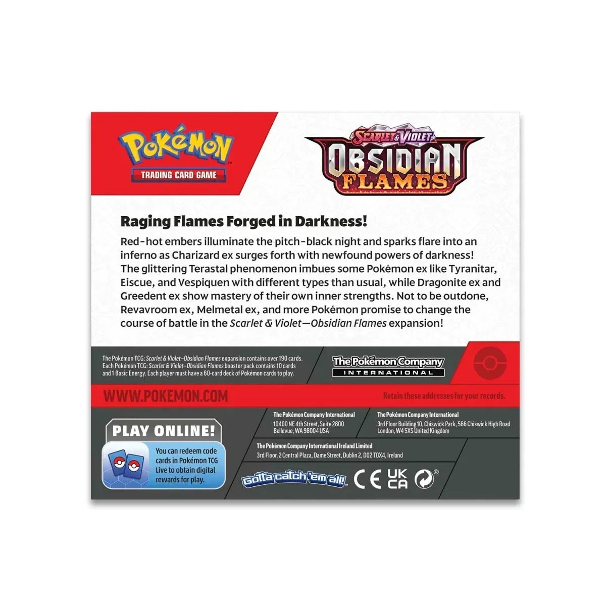 Back of Pokémon Scarlet & Violet Obsidian Flames TCG booster box with set details and branding.