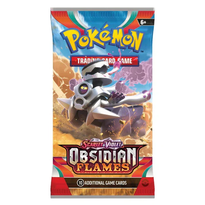 Pokemon Scarlet & Violet Obsidian Flames booster pack featuring Armored Pokémon artwork