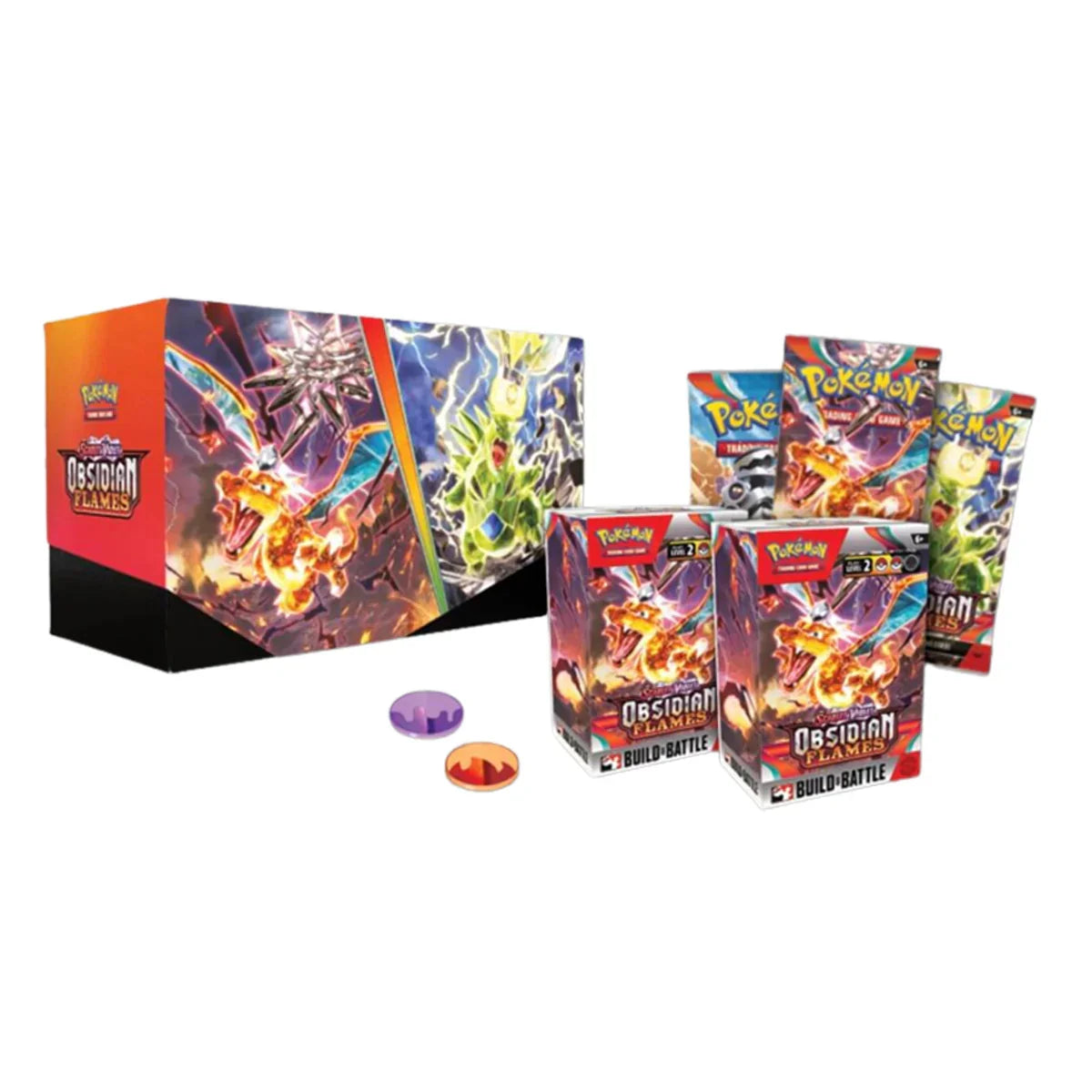 Pokemon Scarlet & Violet Obsidian Flames Build & Battle Stadium TCG box with card packs and tokens