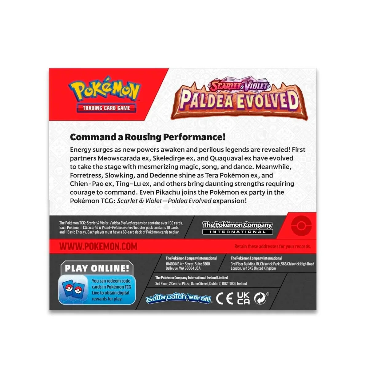 Back of Pokémon Scarlet & Violet Paldea Evolved booster box showing detailed product information.