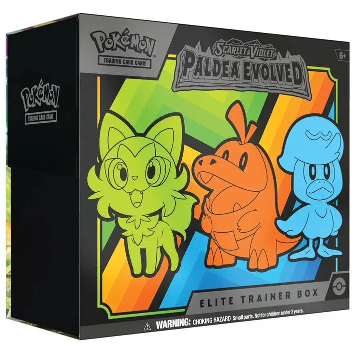 Pokemon Scarlet & Violet Paldea Evolved Elite Trainer Box with colorful starter Pokemon on cover
