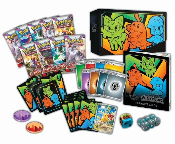 Pokemon Paldea Evolved Elite Trainer Box with booster packs, card sleeves, guide, and dice
