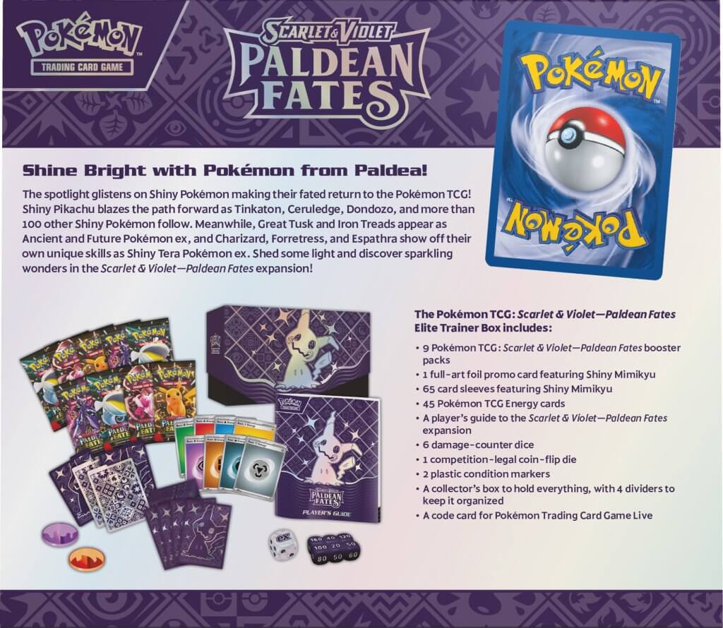 Pokemon Scarlet & Violet Paldean Fates Elite Trainer Box with booster packs, cards, and accessories.