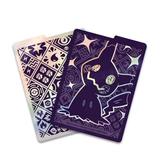 Mimikyu-themed Pokémon card sleeves with decorative symbols and patterns
