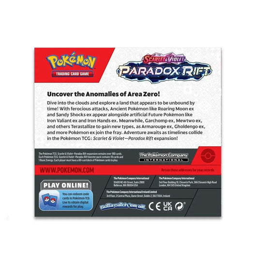 Back of Pokémon Scarlet & Violet Paradox Rift booster box showing product details and logos