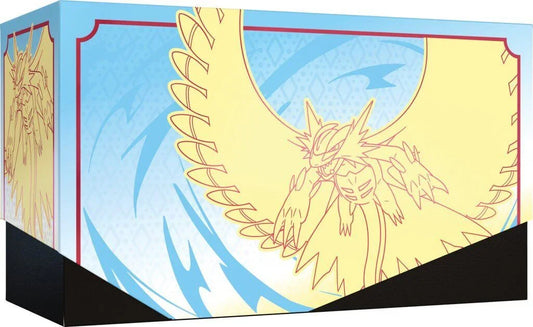 Pokemon Scarlet and Violet Paradox Rift Elite Trainer Box featuring yellow winged Pokemon outline on blue background