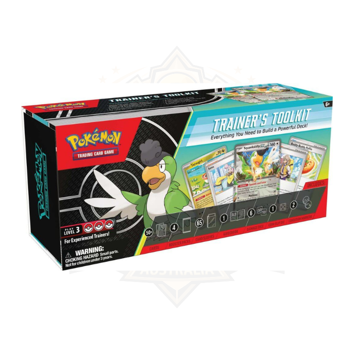 Pokemon TCG Trainer's Toolkit 2024 box with trading cards and game accessories displayed