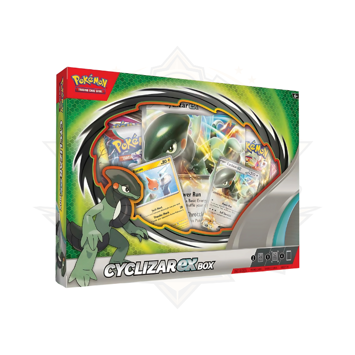 Pokémon TCG Cyclizar ex Box with Cyclizar promo card, Rotom card, and booster packs