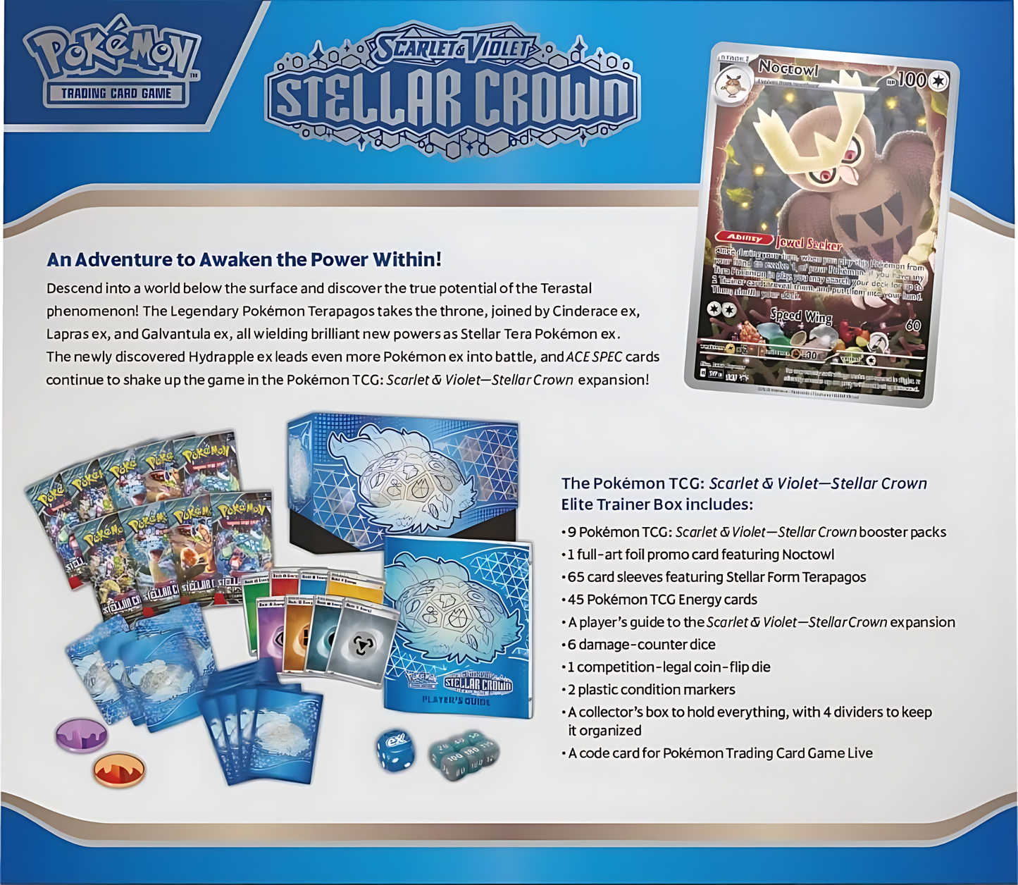 Pokémon TCG Scarlet & Violet Stellar Crown Elite Trainer Box with booster packs, promo card, and accessories displayed.