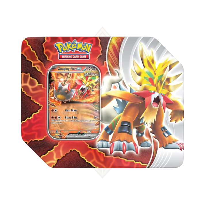 Pokemon Paradox Destiny Tin featuring Gouging Fire ex trading card with fiery artwork