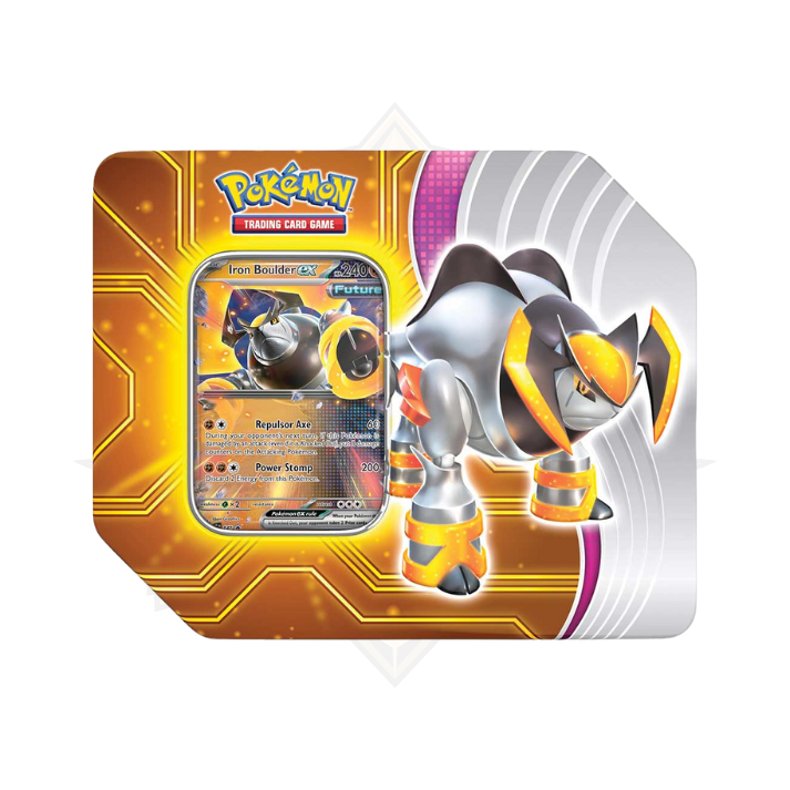 Pokemon Paradox Destiny Tin featuring Iron Boulder ex card, futuristic tin packaging