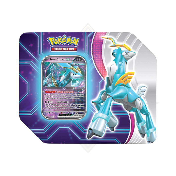 Pokemon Paradox Destiny Tin featuring Iron Crown ex card and futuristic blue Iron Crown Pokémon artwork.
