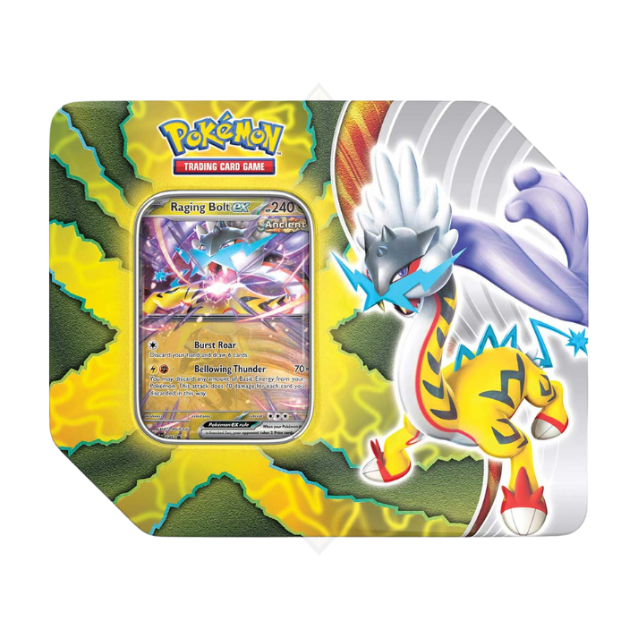 Pokemon Paradox Destiny Tin featuring Raging Bolt ex trading card and artwork