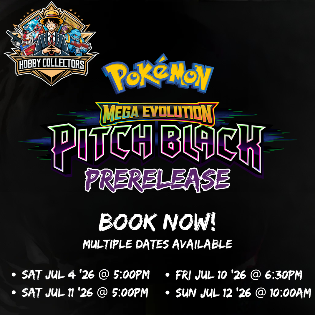 Pokémon TCG Mega Evolution Pitch Black Prerelease event at Hobby Collectors Australia — four sessions across 4–12 July 2026, $55 entry, includes Build & Battle Box and 3 bonus packs