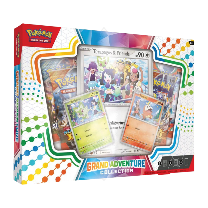 Pokemon TCG Grand Adventure Collection Box with booster packs and promo cards displayed