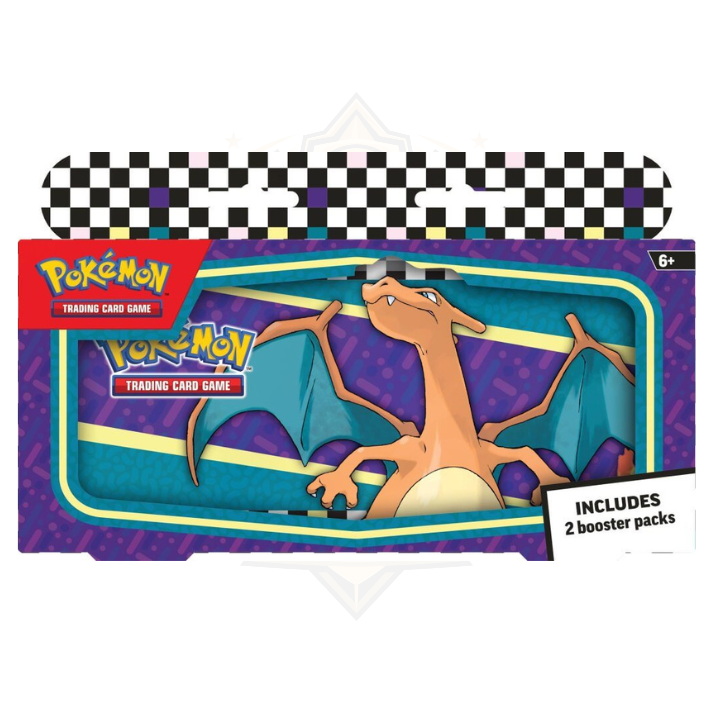 Charizard Pokémon TCG pencil tin with booster packs on colorful packaging