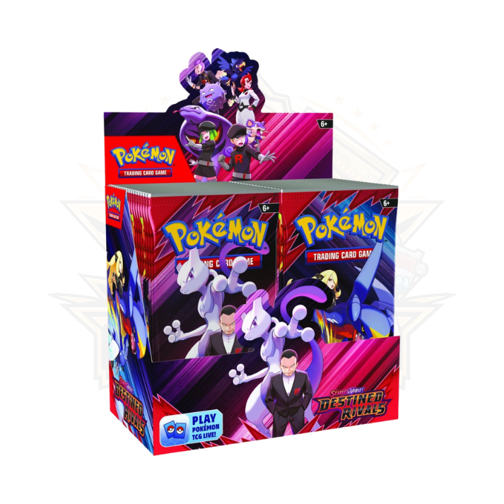 Pokemon Scarlet & Violet Destined Rivals booster box featuring Mewtwo and Team Rocket art