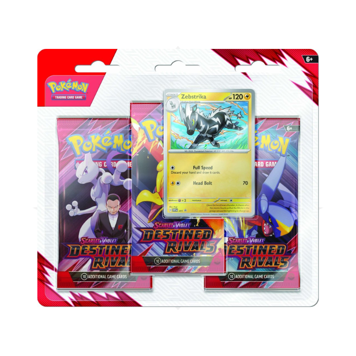 Pokemon TCG Scarlet & Violet Destined Rivals three booster pack blister with Zebstrika card