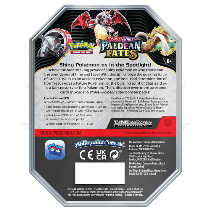 Back of Pokémon TCG Scarlet & Violet Paldean Fates Shiny Charizard ex tin with product details and logos