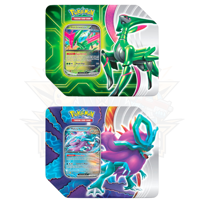 Pokemon TCG Scarlet & Violet Paradox Clash Tin with Iron Leaves and Walking Wake cards