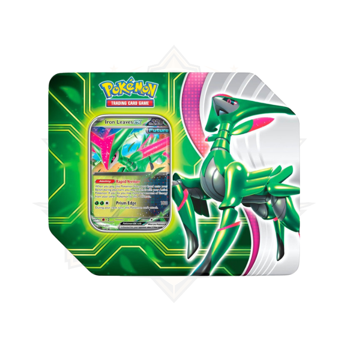 Pokemon TCG Scarlet & Violet Paradox Clash Tin featuring Iron Leaves card and artwork