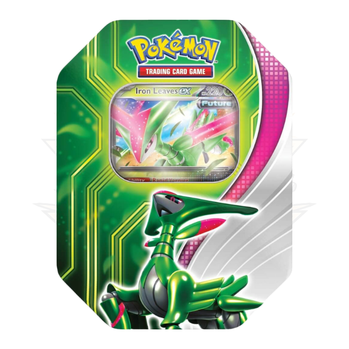Pokemon TCG Scarlet and Violet Paradox Clash Tin featuring Iron Leaves ex on green packaging