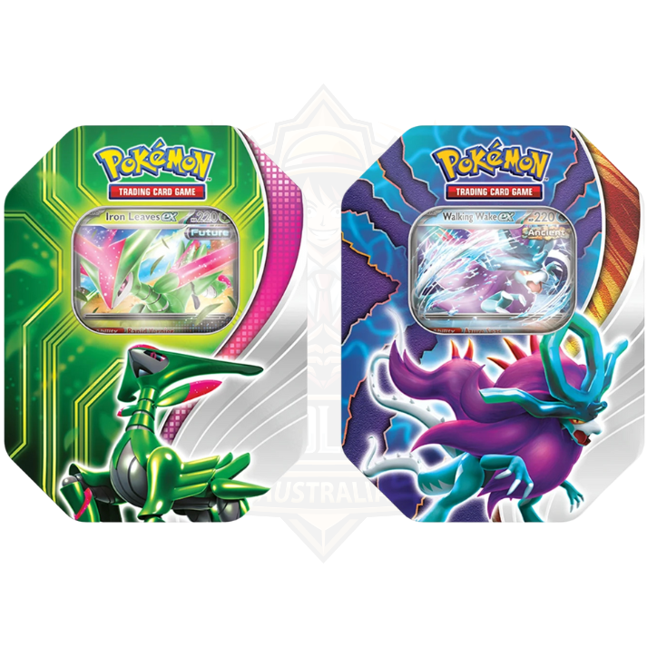 Pokémon TCG Scarlet & Violet Paradox Clash tins featuring Iron Leaves and Walking Wake cards.