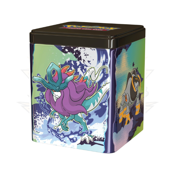 Pokemon TCG stacking tin featuring Paradox Pokemon with colorful artwork