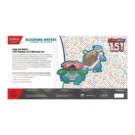 Pokémon TCG Blooming Waters Premium Collection featuring Water-type promo cards, oversized card, and booster packs