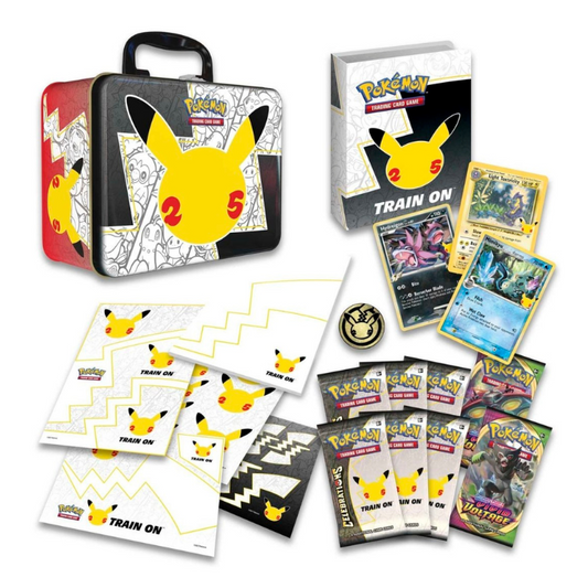 Pokémon TCG: Celebrations Collector Chest showcasing metal case, foil promo cards, booster packs, and collectible accessories.