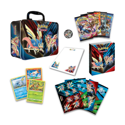 Pokémon TCG: Collector Chest (Spring 2020) showcasing metal case, foil promo cards, booster packs, and collectible accessories.