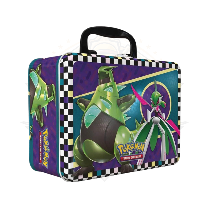 2024 Pokémon TCG Collector Chest tin with Tyranitar and Gallade artwork, checkered border
