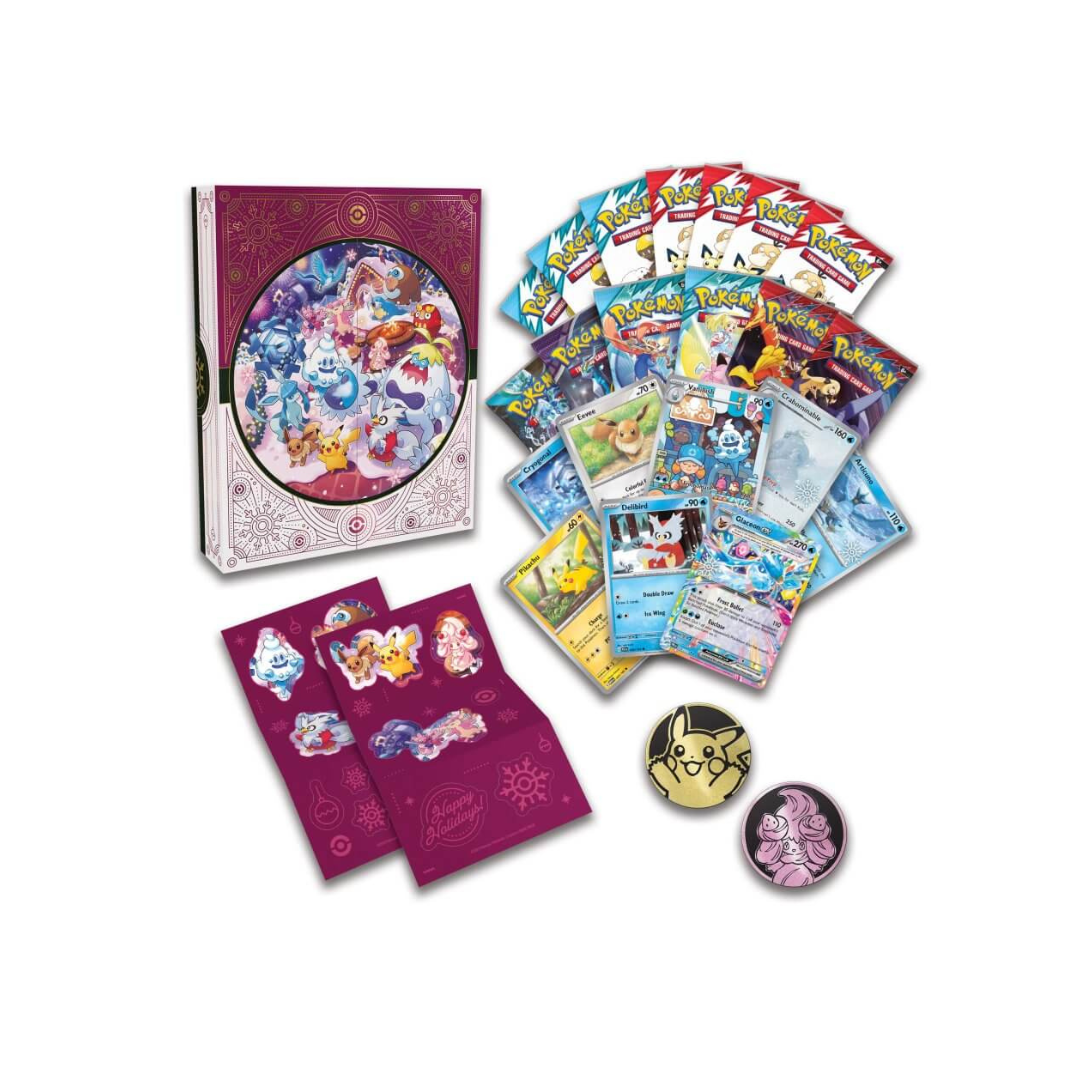 Pokémon TCG Holiday 2025 Calendar featuring festive seasonal artwork, booster packs, and promo cards.